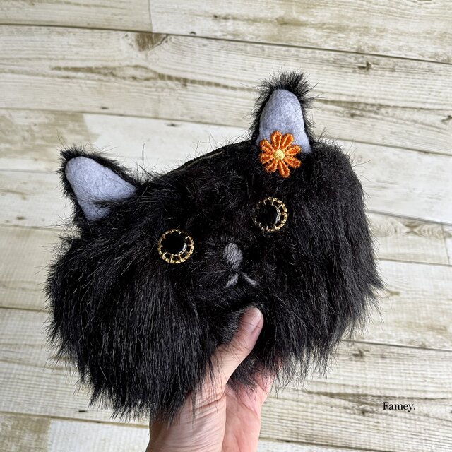 おしゃれなふわもこ黒猫ちゃんポーチ エコファー キャンバス コットン