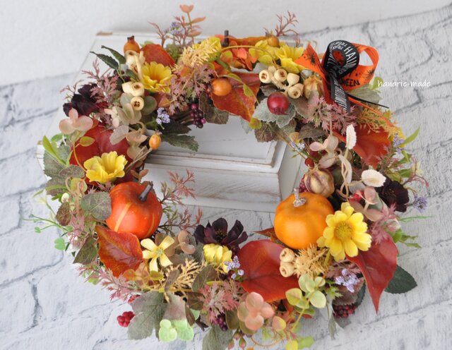 ハンドメイド 秋のフラワーリース パンプキン 秋 オレンジ 季節 リース 0_4765a91efb987ee2fae587f443f1
