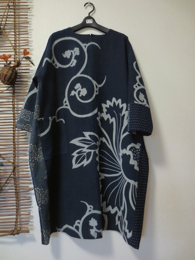 手織縞木綿と筒描き古布から製作❣️ワンピース ＥＭＩ工房 家紋風呂