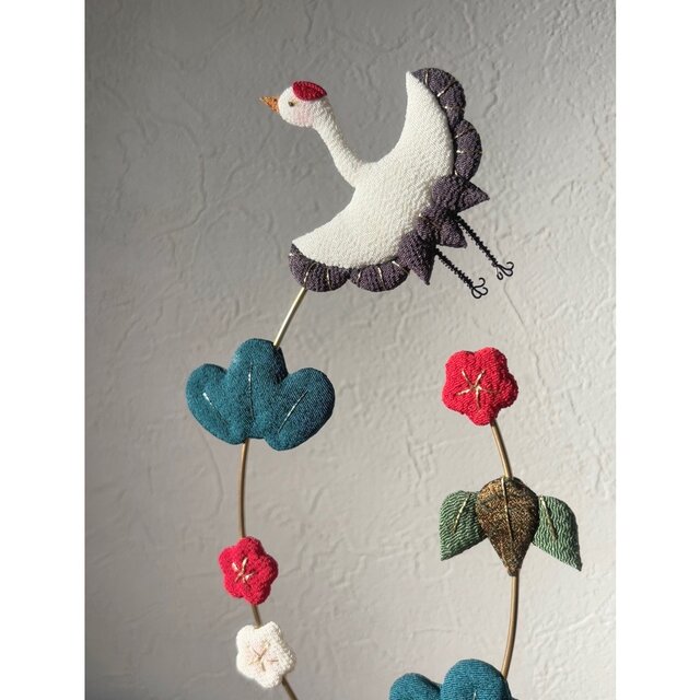 正月飾り【鶴松竹梅】正絹 置物 季節の飾り 立体押し絵 正絹縮緬