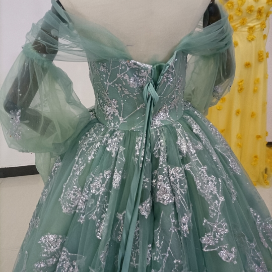 フランス風 憧れのドレス ブルーグリーン カラードレス ベアトップ