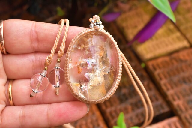 虹入り大粒☆クォーツイン☆ガーデンクォーツ マクラメネックレス1263