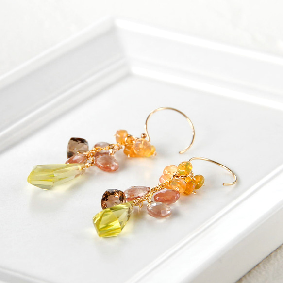 14kgf レモンクォーツのアシンメトリーピアス