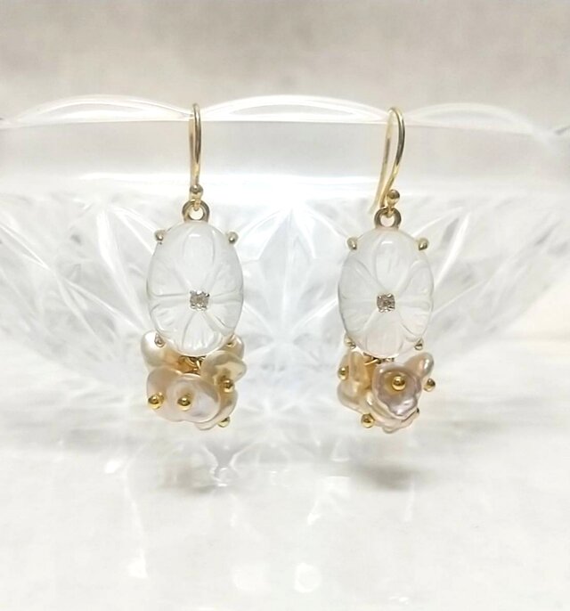 【silver925】K18gp  お花のクォーツ&淡水パールピアス/イヤリング