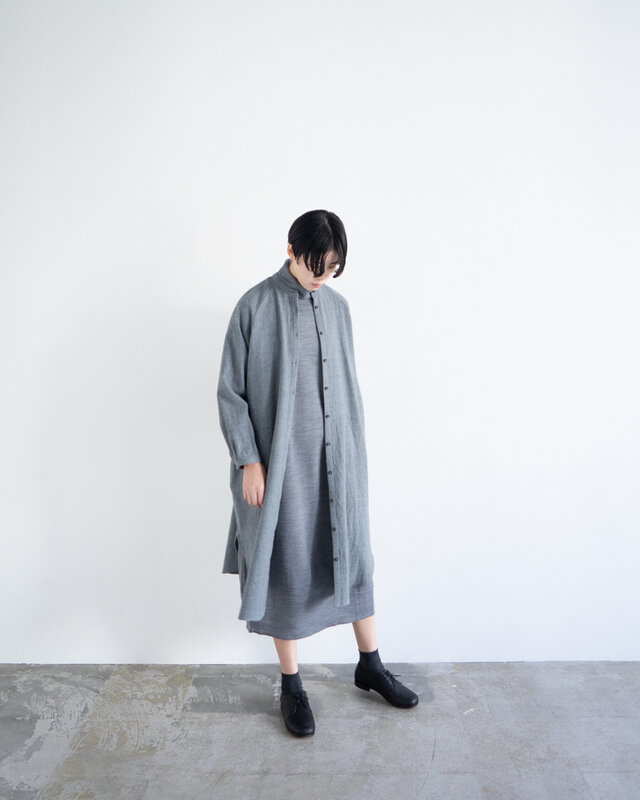 尾州産縮絨ウール/ ロングシャツワンピース/long shirt one piece/gray