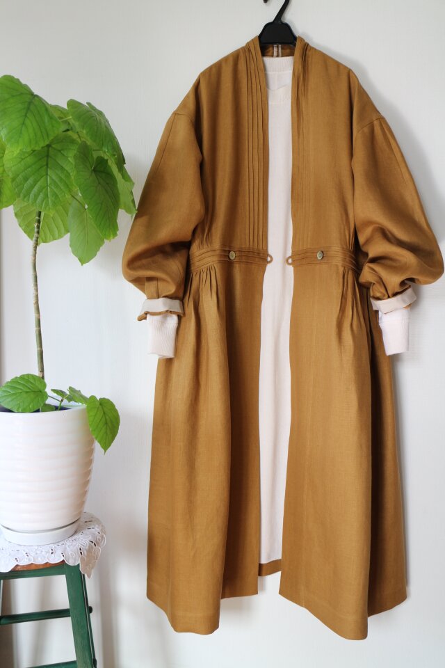 一枚限定★25番手リネン100％　ヘリンボーンロングコート　ワンピース★キャラメル