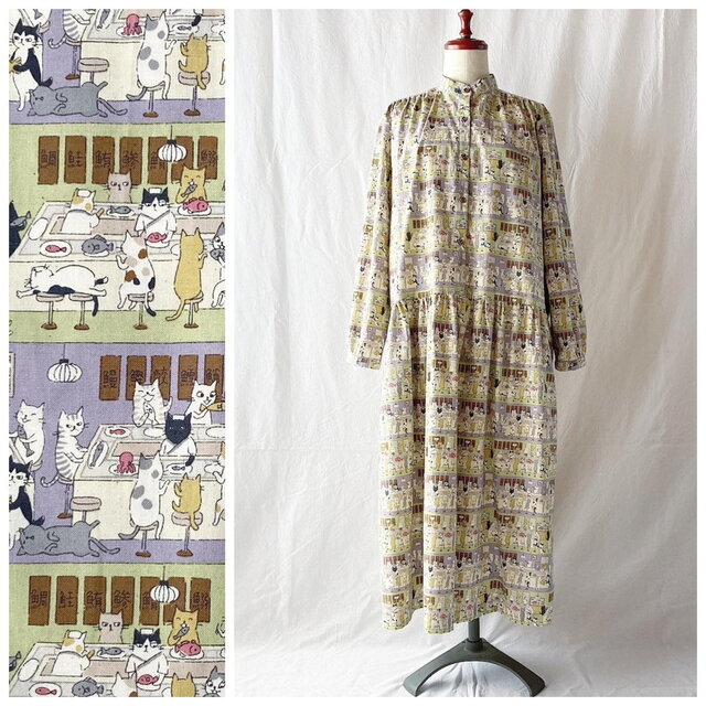 回転寿司に行く日のためのチェリーワンピース（長袖）：115cm丈（猫の回転寿司：ラベンダー）