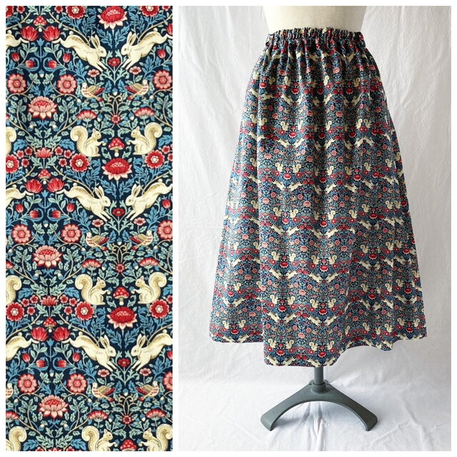 78cm丈：クラシカル模様のレクタングルスカート（ウサギとリスのダマスク：ネイビー）