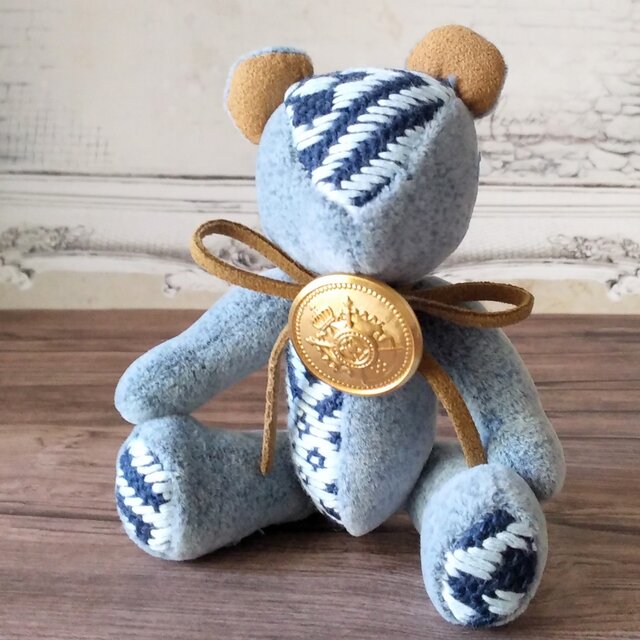 こぎん刺しのテディベアS 総刺しこぎんクマ ブルースプリング