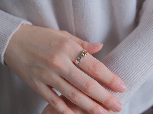 シトリン　ハニカムリング　ローズゴールド、シルバー 11月の誕生石 Citrine fimmhyrningur ring シトリン五角形リング