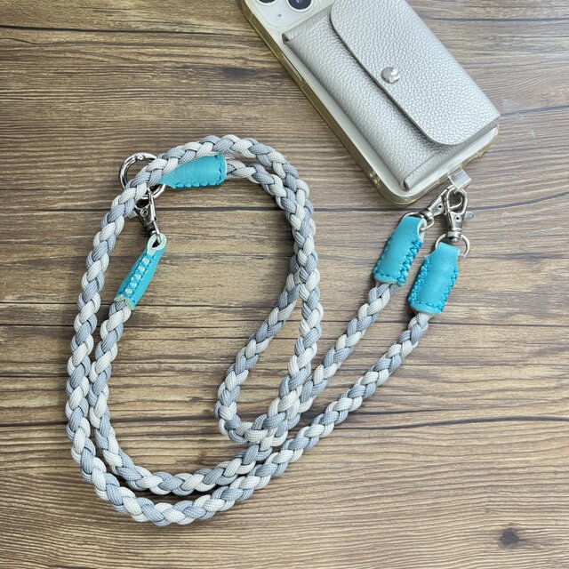 3WAY 本革＋パラコードスマホショルダーストラップ グレーxターコイズ