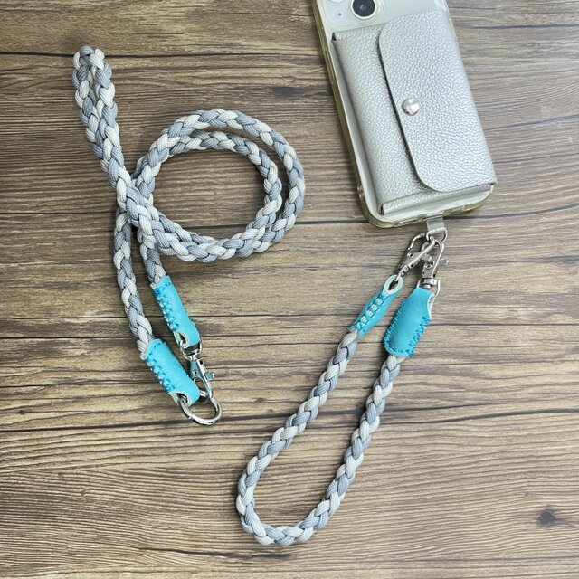 3WAY 本革＋パラコードスマホショルダーストラップ グレーxターコイズ