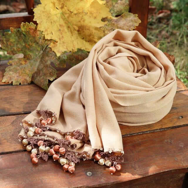 【受注製作】レースのさくらんぼ付き パシュミナストール「チェリー」ミルクティ