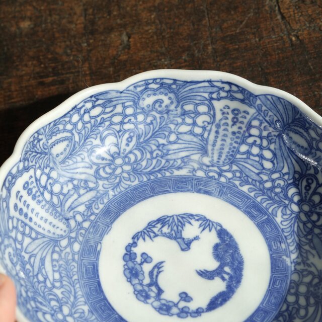細かな花唐草で素敵◇瀬戸焼 花文印判膾皿 骨董品 antiques 丁寧な