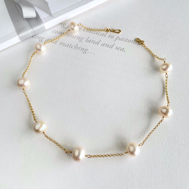 大粒淡水 ポテト型パール ステーションネックレス 9.5x11.5 (K14gf