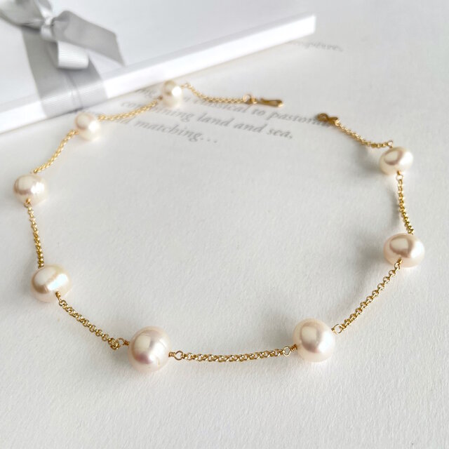 大粒淡水 ポテト型パール ステーションネックレス 9.5x11.5 (K14gf