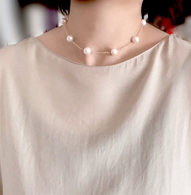 大粒淡水 ポテト型パール ステーションネックレス 9.5x11.5 (K14gf