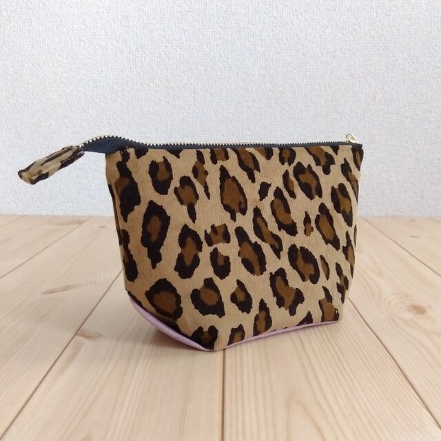 【秋冬SALE30%OFF】コーデュロイ　底カラー18cmのファスナーポーチ　レオパード/ヒョウ柄×ライラック帆布　　982　