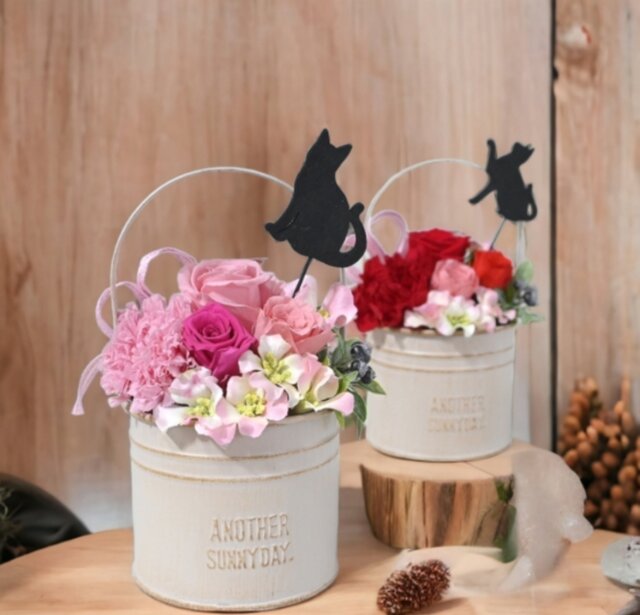 ちびねこページ　ピンク薔薇フラワーアレンジ 花ねこmini・さくらさくら｜かわいい猫さんの桜アレンジ☆