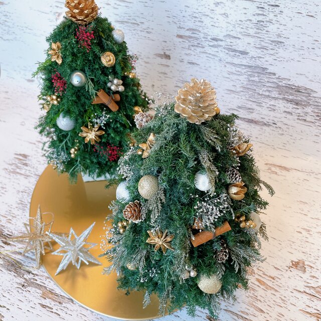 プリザーブドグリーンのクリスマスツリー（ゴールド・シルバー系ボール