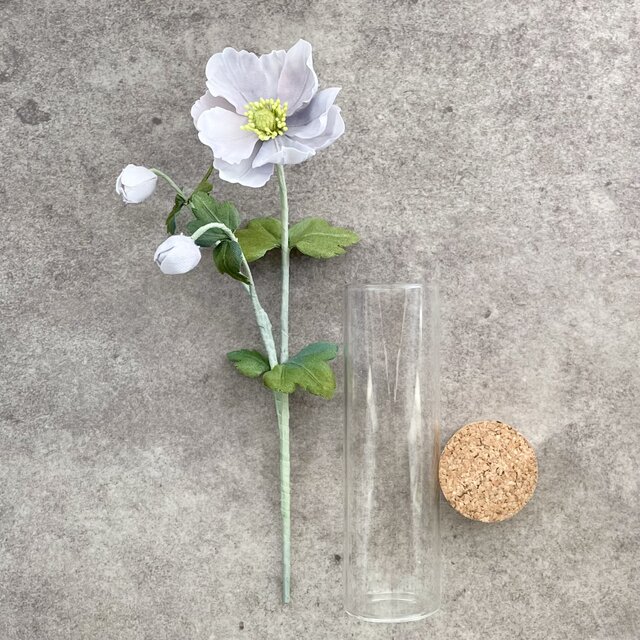 布花 飾れるシュウメイギクの花一輪。試験管タイプの容器付き。秋冬