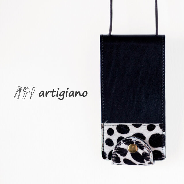 本革スマホショルダー ブラック×ダルメシアン スマホケース iPhone16 iPhone15 ヌメ革 apo-22hh