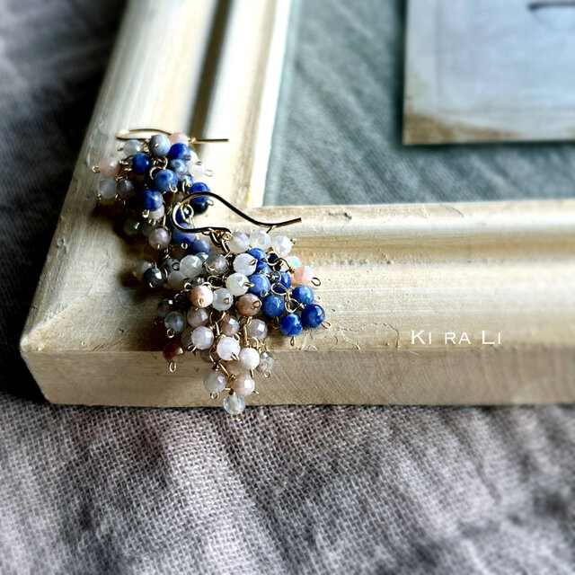 14KGF ムーンストーン・ソーダライトのつぶつぶピアス（イヤリング）