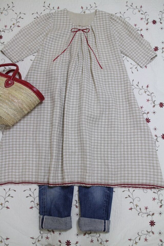 春★上質 リネン １００％ ギンガムチェックワンピース★