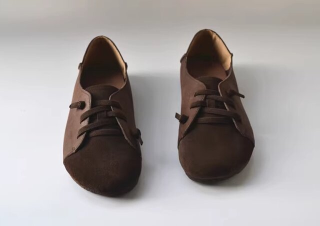 受注製作】丸トウシューズ 手製牛革レザー 靴 ブラウン こげ茶色 MT82