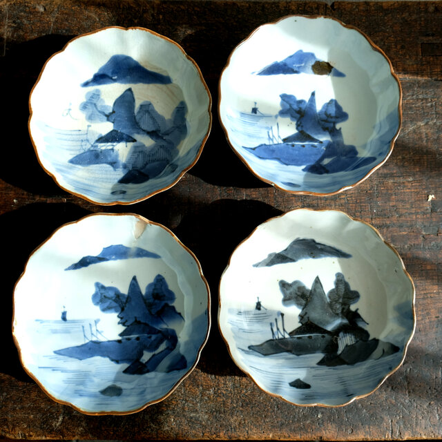 味のあるお品物◆素朴な風景　伊万里　染付膾皿４客セット　骨董・antiques 古民家　江戸末〜明治期