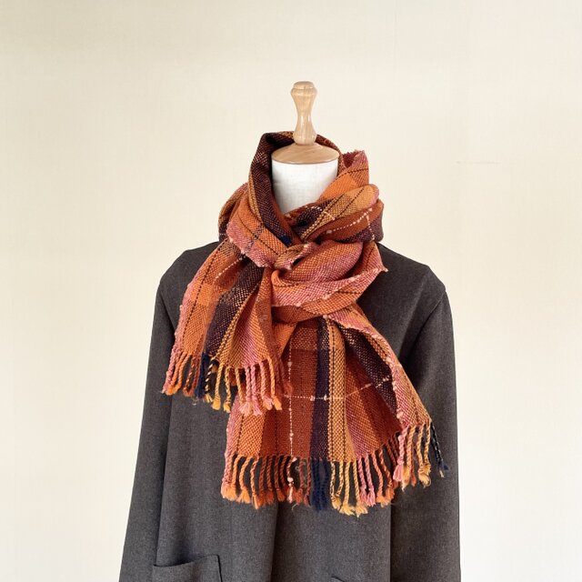 茶系オレンジの大判ウールストール