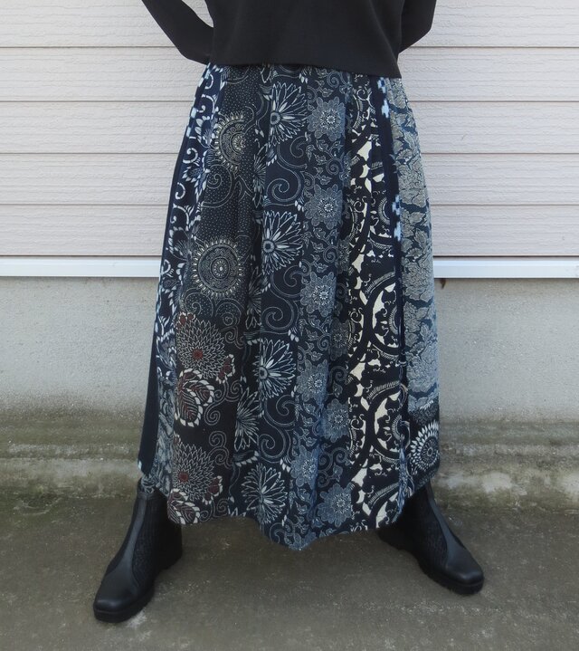 古布リメイク 型染タックギャザースカート 古布 藍染 久留米絣 型染