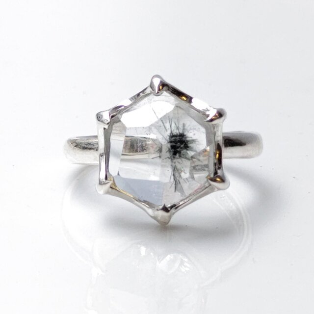 ホーランダイト　イン　クォーツ　6角　立体カット　シルバーSV925リング