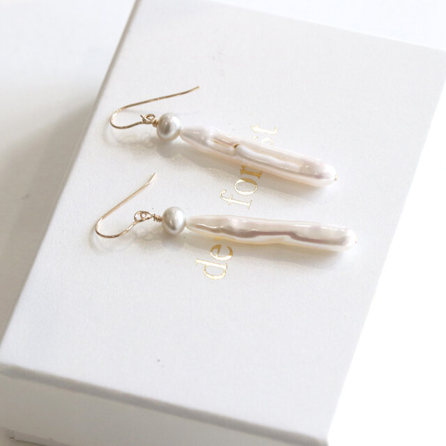 スティック淡水パール ピアス／イヤリング 14Kgf ロング 上品 大人