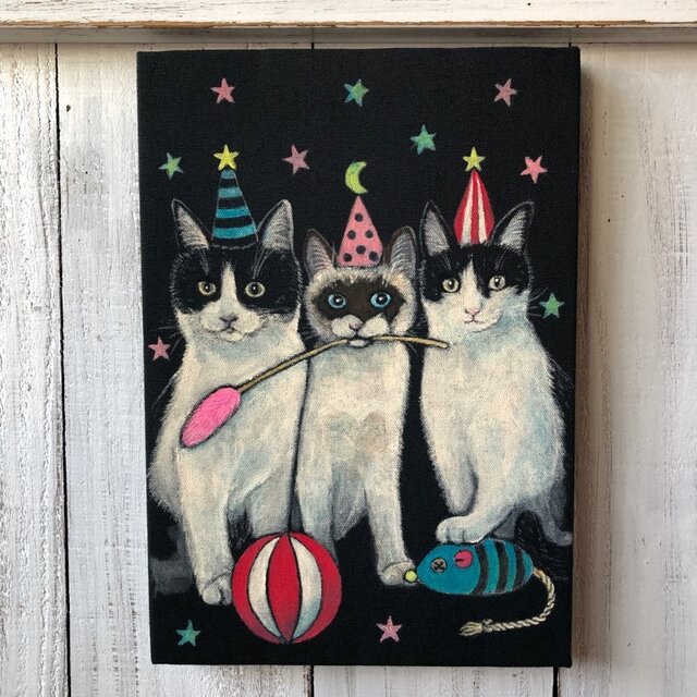 あそぼう」SMサイズ額付きアート作品原画 猫 徳島洋子作品 ☆ 星月猫-