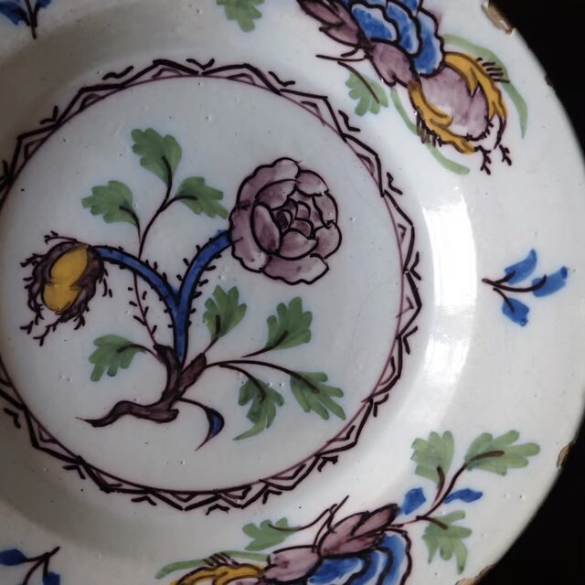 18世紀 白釉 花絵皿 平皿 リム皿 φ22.4cm オランダ デルフト 可能性 