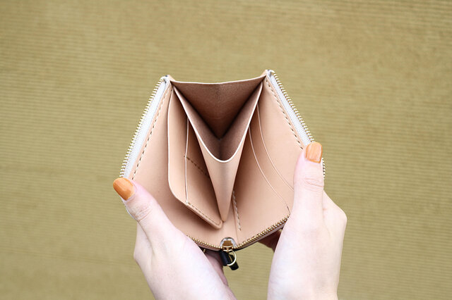 名入れ、ラッピング無料】手縫いのL字ファスナー小さい財布