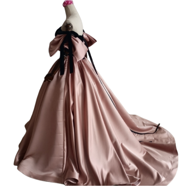 フォーマル/ドレス美品！ビロード ピンク 光沢サテン プリンセスライン カラードレス 取り外し袖