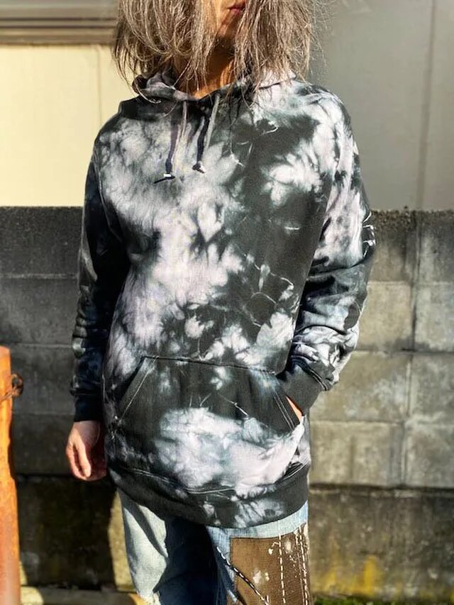 タイダイ染め　プルオーバー　フーディ　XXLサイズ　 ブラック×ホワイト　ムラ染め HD20-61