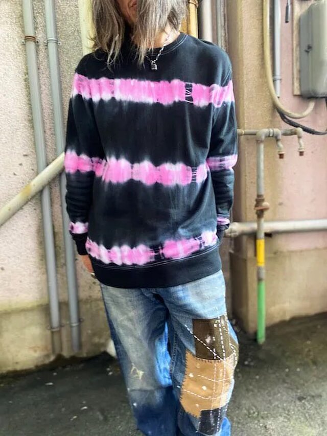 タイダイ染め スウェット トレーナー　XXLサイズ 　ブラック×ピンク　ボーダーダイ HD20-64