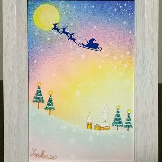 パステルアート オーロラ色のクリスマス・ナイトとサンタクロース 