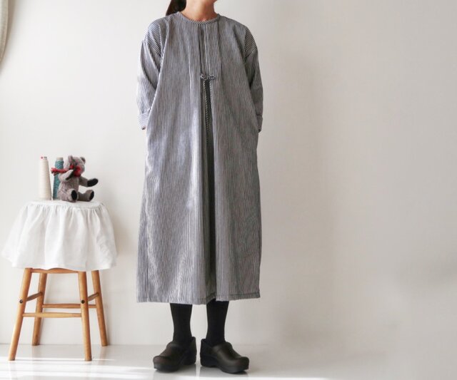 fog with nest Robe ストライプリネンワイドワンピース ゆったり  