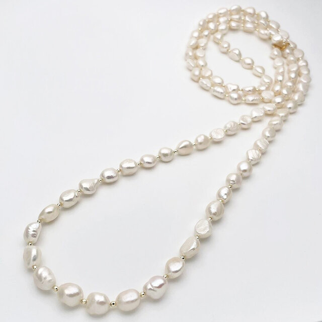 120cm 大粒バロック淡水パール ロングネックレス 本真珠 ゴールド系 金属アレルギー対応 結婚入園入学卒園卒業 ウエディング