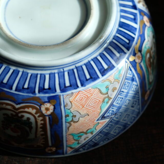 青で素敵◇花と龍と鳳凰。 伊万里 染錦金彩六寸鉢 碗 骨董・antiques