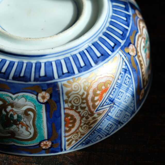 青で素敵◇花と龍と鳳凰。 伊万里 染錦金彩六寸鉢 碗 骨董・antiques 