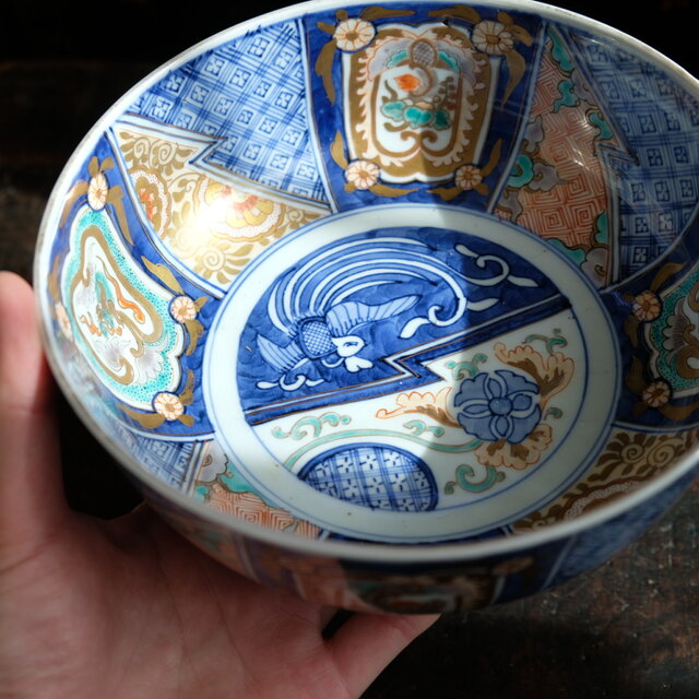 青で素敵◇花と龍と鳳凰。 伊万里 染錦金彩六寸鉢 碗 骨董・antiques