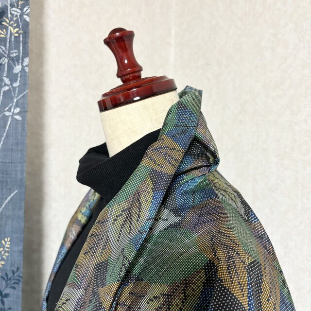 ハンドメイド 大島紬で作ったコート 木の葉デザイン - ロングコート