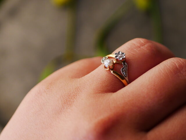 FR-10】 アンティークリング K18 天然ダイヤモンド 天然真珠 フランス