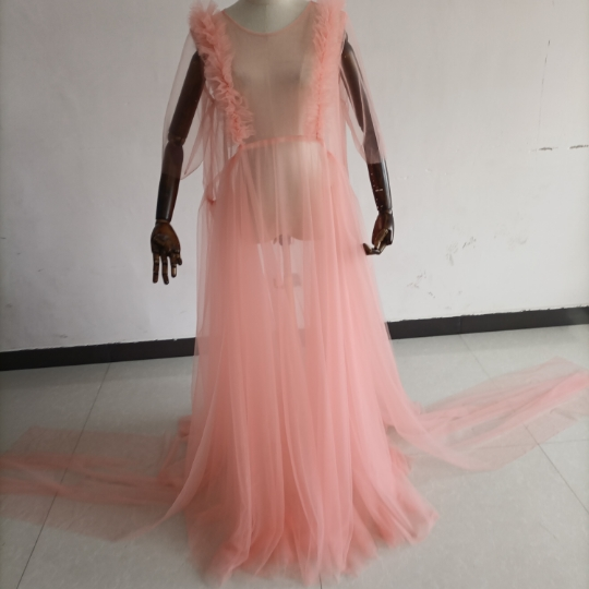最新品妊婦ドレス マタニティ 薄ピンク シースルー 写真撮影 ソフトチュー ロングドレス