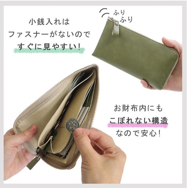 【7色】L字型コンパクト長財布 お札がピッタリはいる！小さく機能的で使いやすい 超軽量で水や傷に強い上質ヴィーガンレザー